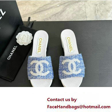 Chanel Tweed  &  Patent Calfskin Mules G45555 Blue 2024